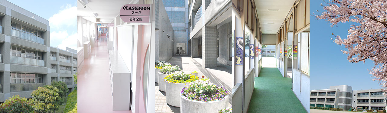 左から佼成学園外観、校内のピンクの廊下、色とりどりの花が植えられたエントランス付近、ステンドガラスが美しい渡り廊下、桜の花とグラウンドから見た校舎